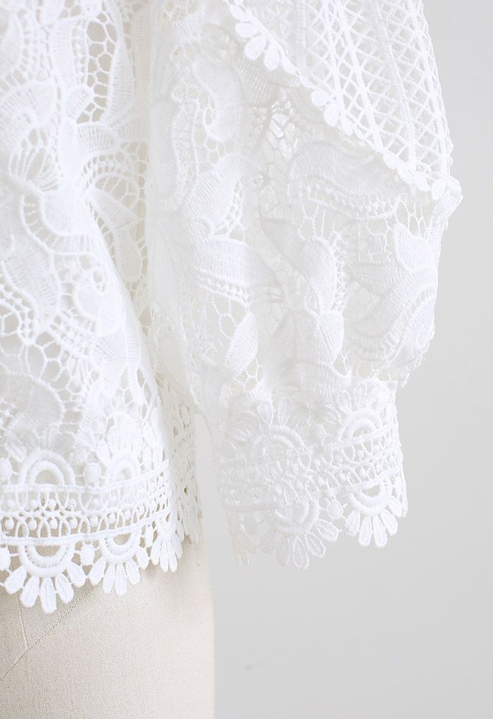 Crochet Blossom Puff Sleeve Top in White