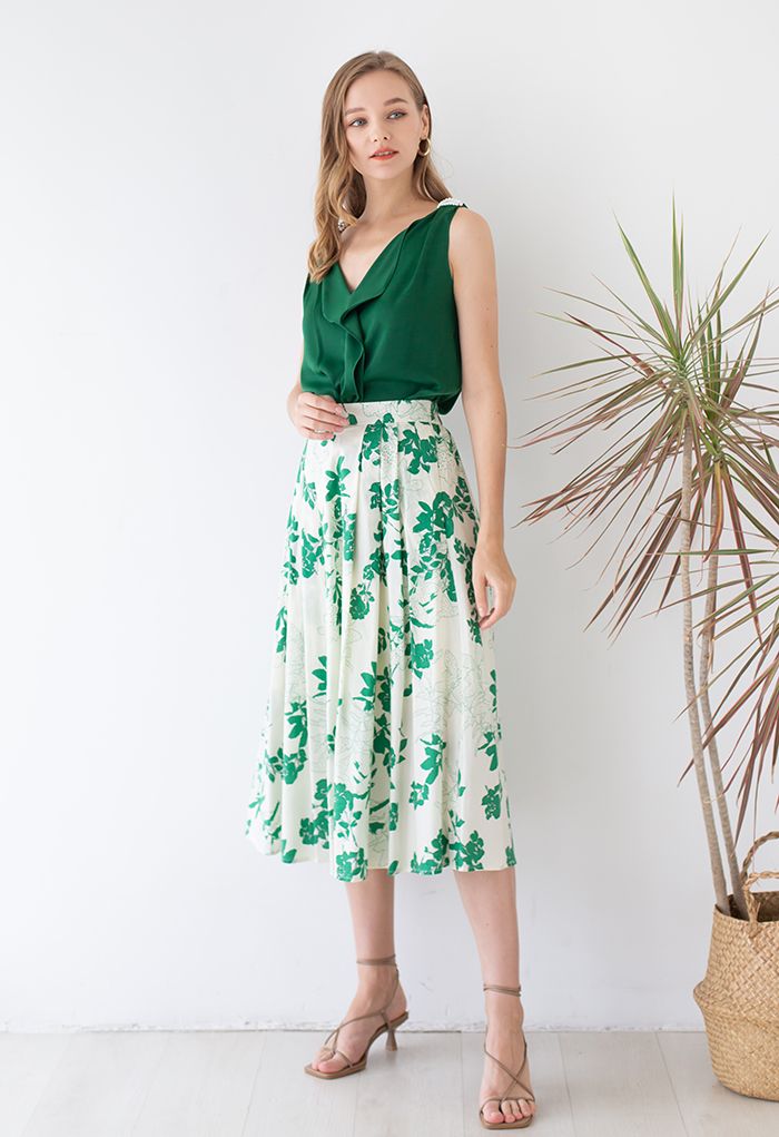 Green Floral Side Pocket Cotton Midi Skirt