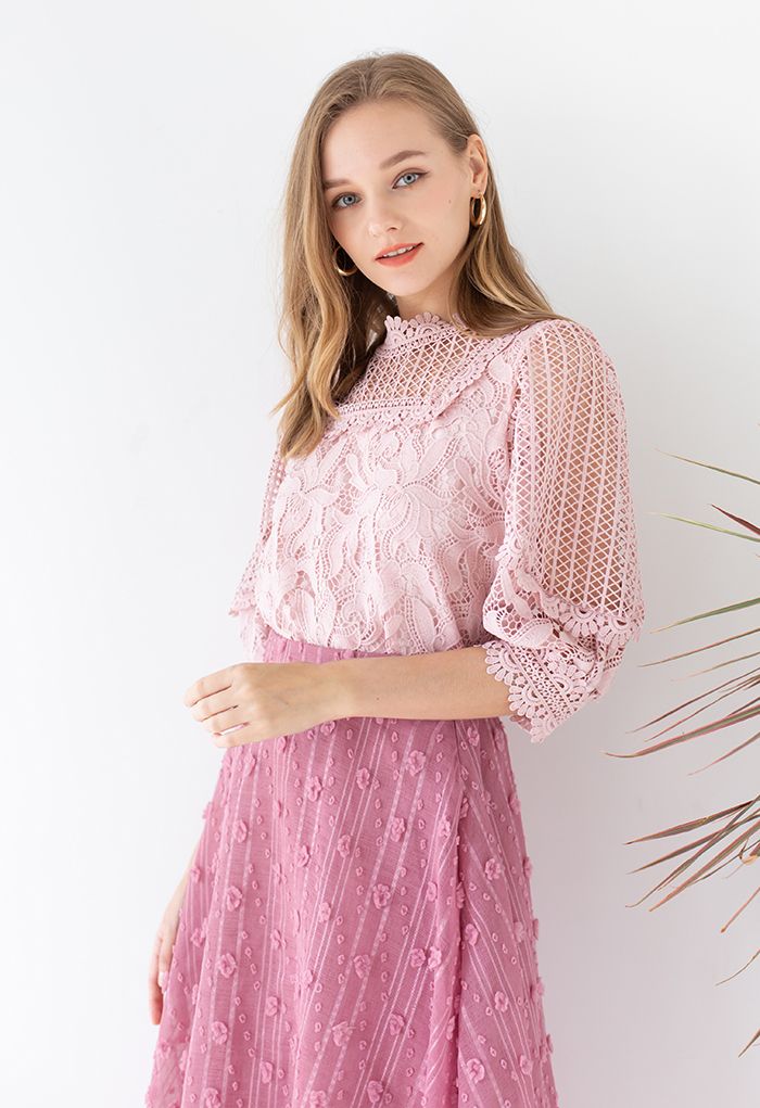 Crochet Blossom Puff Sleeve Top in Pink - Retro, Indie and Unique