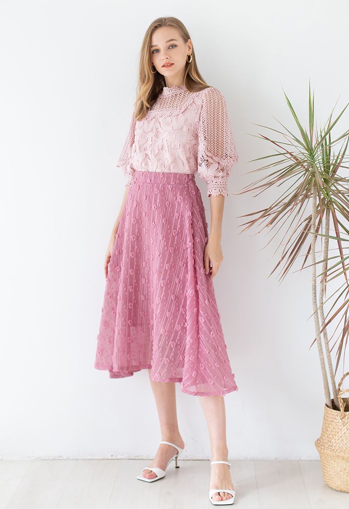 3D Cotton Candy Flare Midi Skirt in Pink