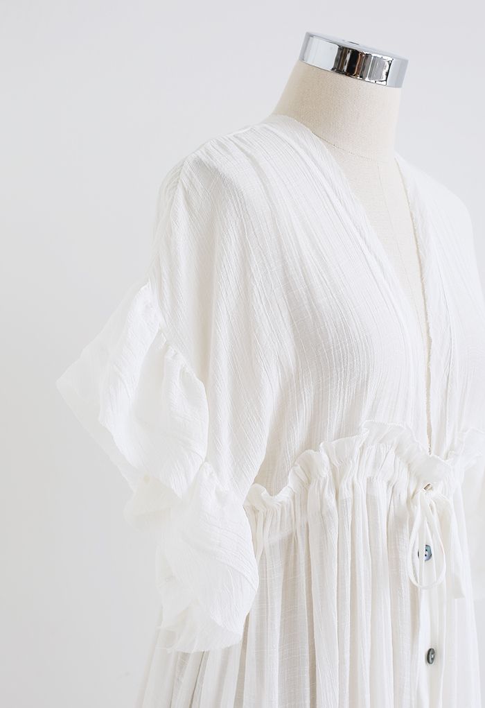 Ruffle Sleeves Deep V-Neck Cover Up in White