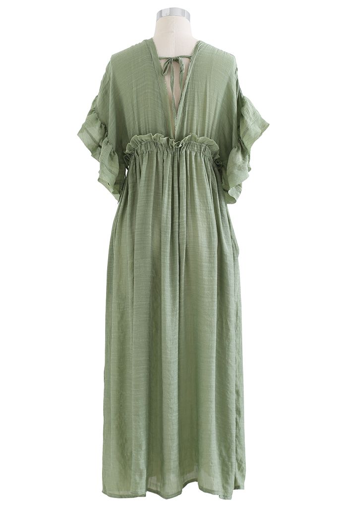 Ruffle Sleeves Deep V-Neck Cover Up in Pea Green