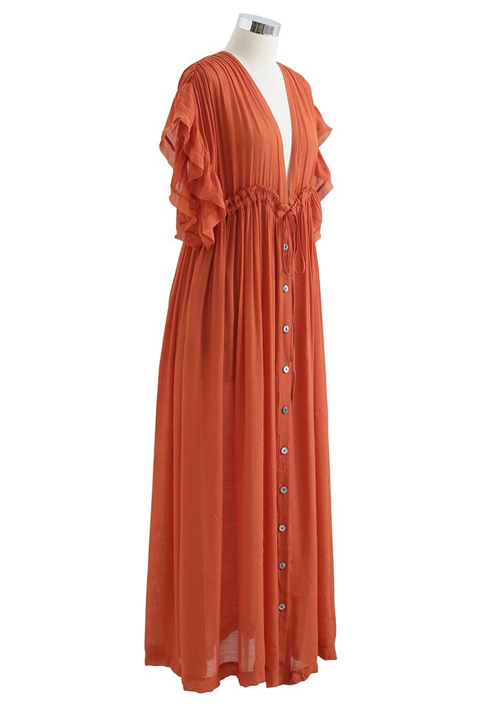 Ruffle Sleeves Deep V-Neck Cover Up in Rust Red