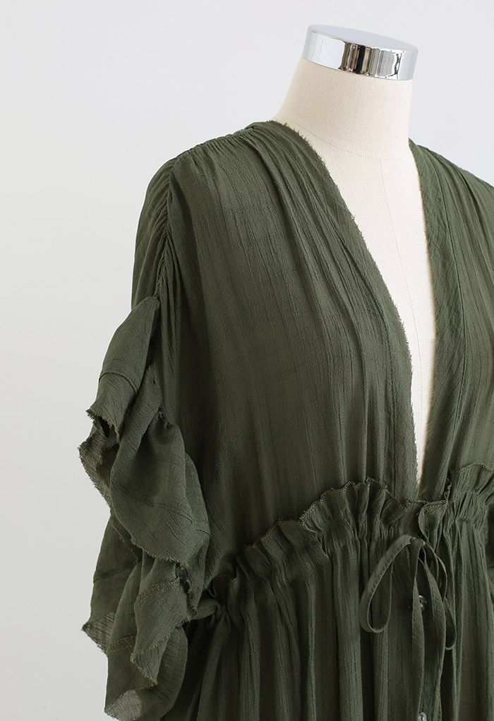 Ruffle Sleeves Deep V-Neck Cover Up in Army Green