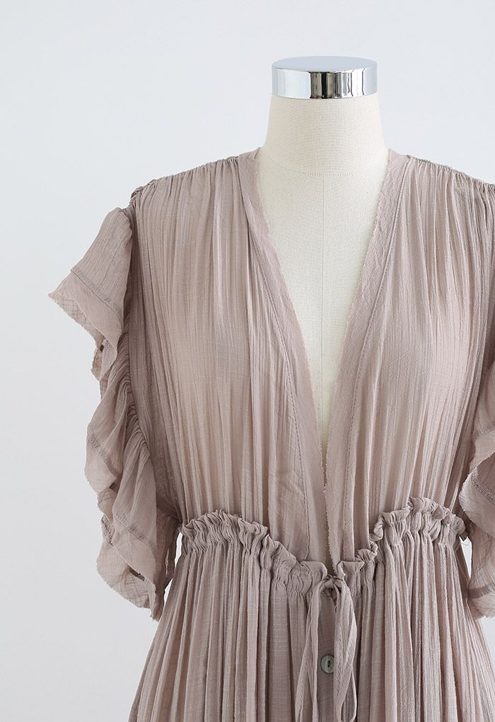 Ruffle Sleeves Deep V-Neck Cover Up in Taupe