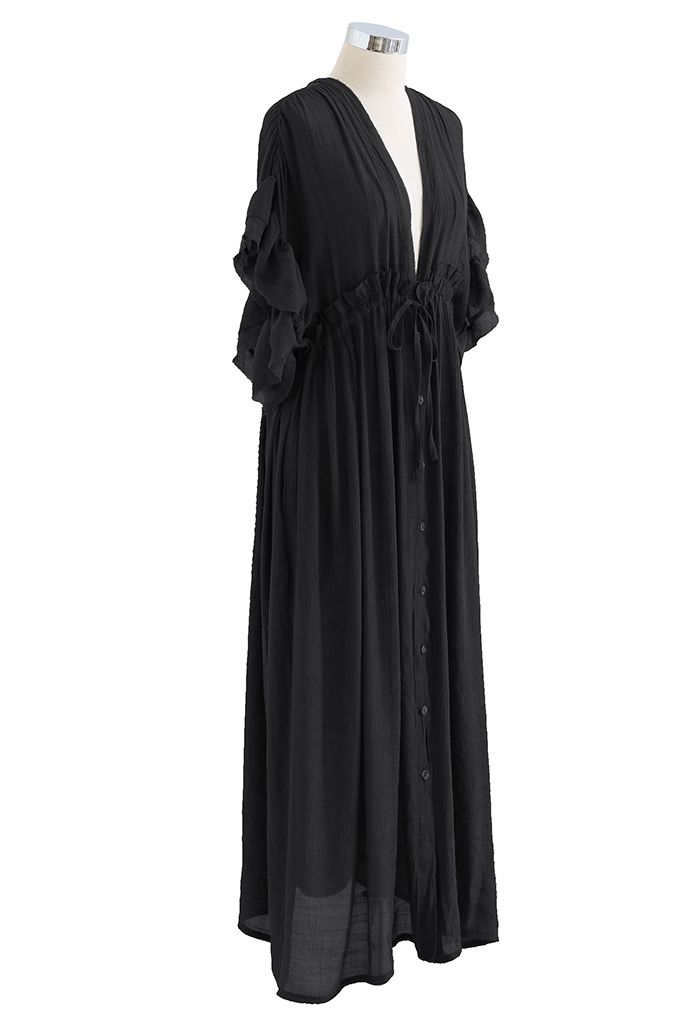 Ruffle Sleeves Deep V-Neck Cover Up in Black