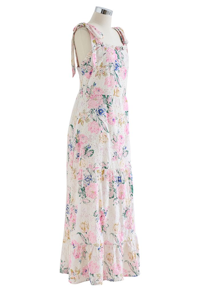 Pink Floral Embroidered Eyelet Tie-Strap Maxi Dress - Retro, Indie and ...