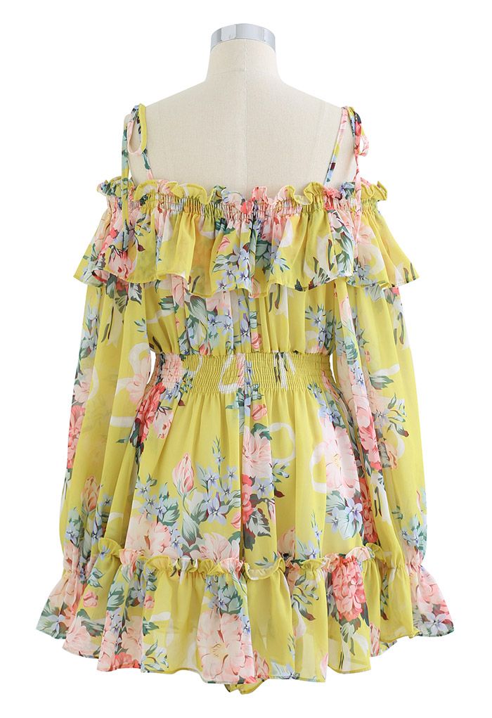 Flowery Ruffle Cold-Shoulder Chiffon Playsuit in Yellow