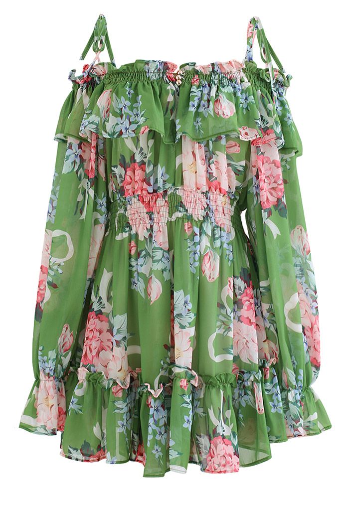 Flowery Ruffle Cold-Shoulder Chiffon Playsuit in Green