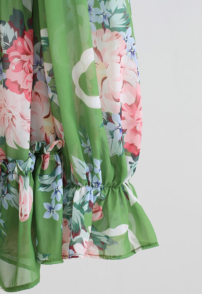 Flowery Ruffle Cold-Shoulder Chiffon Playsuit in Green