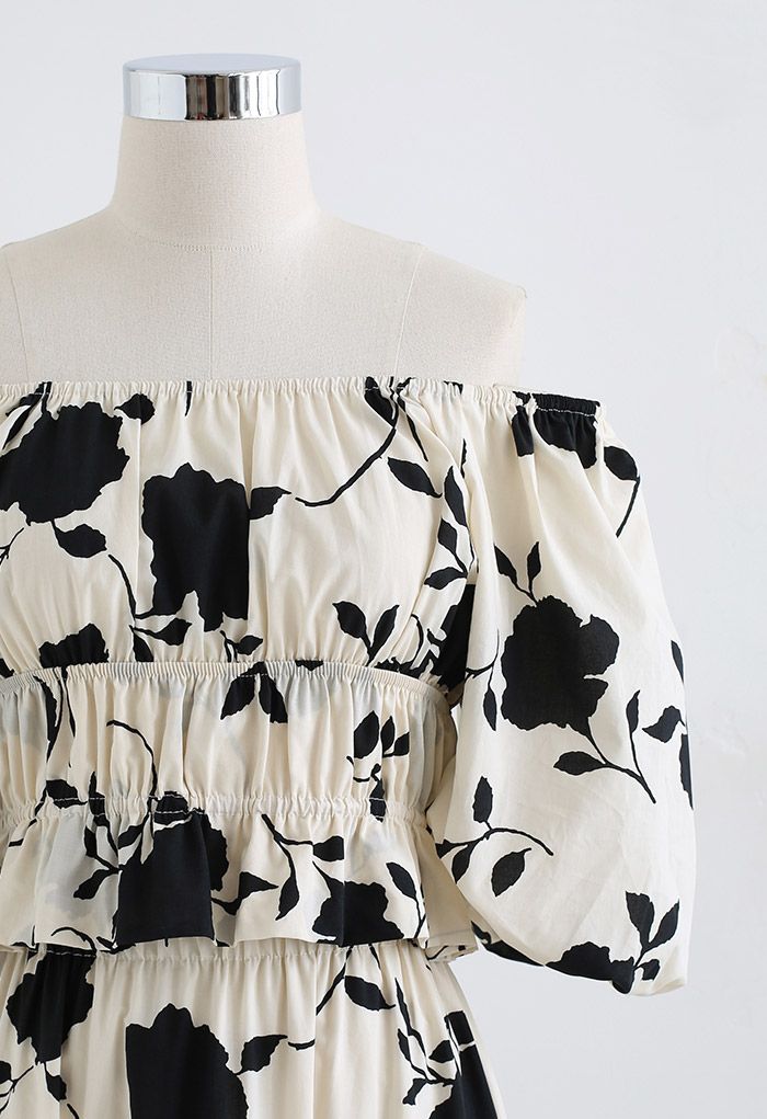 Black Floral Off-Shoulder Crop Top and Skirt Set
