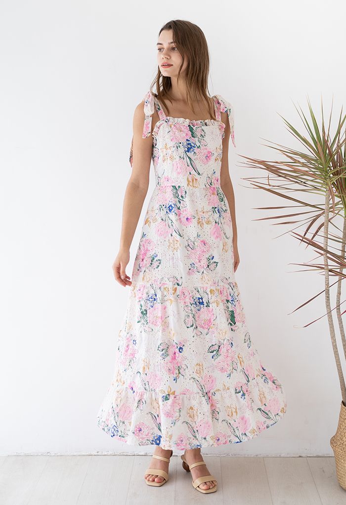 Pink Floral Embroidered Eyelet Tie-Strap Maxi Dress - Retro, Indie and  Unique Fashion