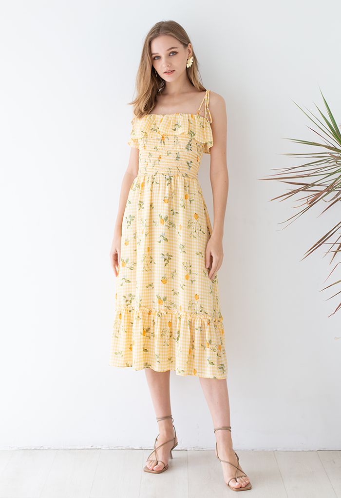 Lemon and Gingham Print Shirred Midi Dress - Retro, Indie and Unique ...