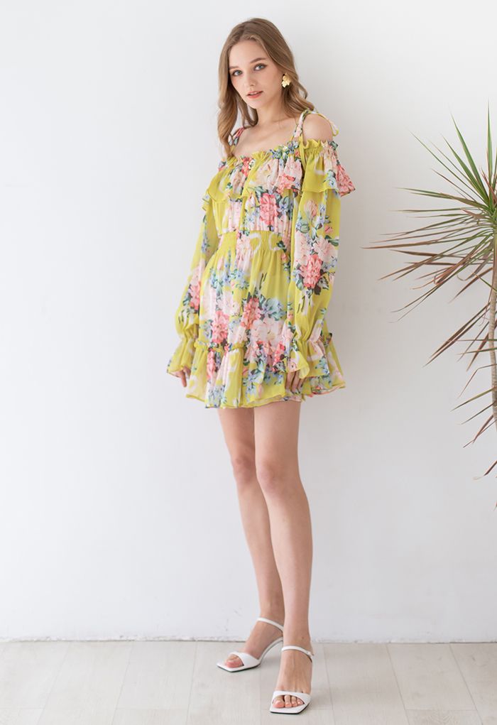Flowery Ruffle Cold-Shoulder Chiffon Playsuit in Yellow