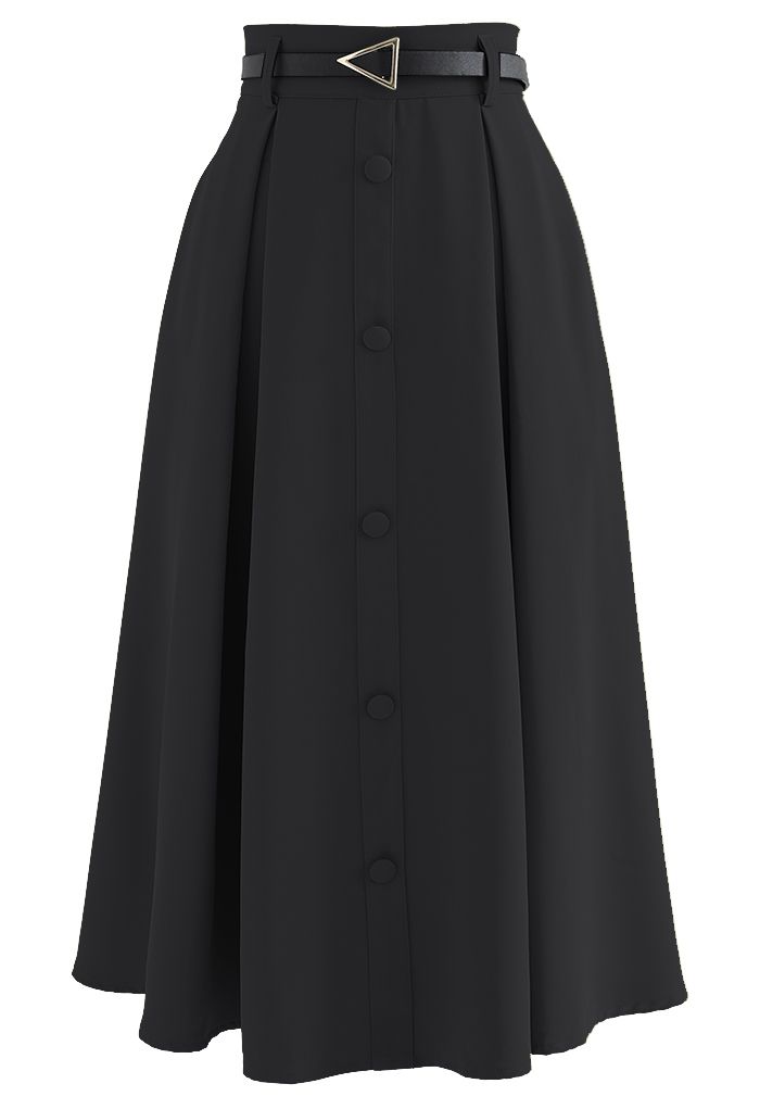 Belted Button Trim Flare Midi Skirt in Black