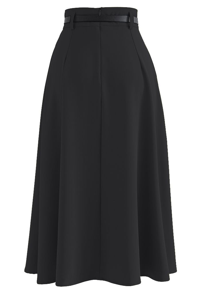 Belted Button Trim Flare Midi Skirt in Black