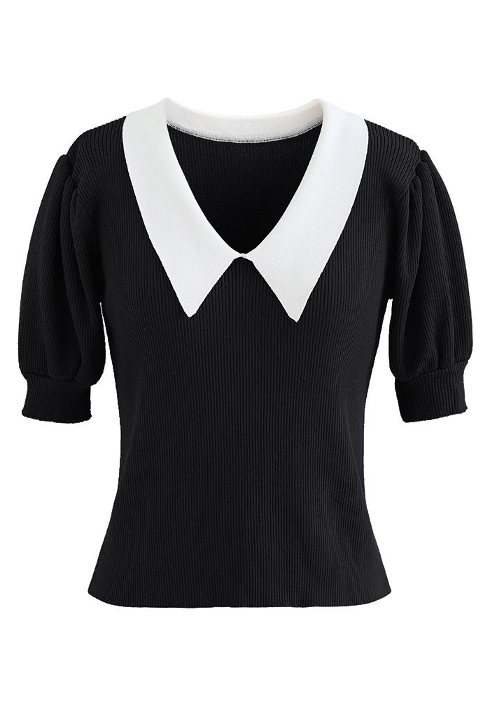 Contrast Pointed Collar Short Sleeve Knit Top in Black