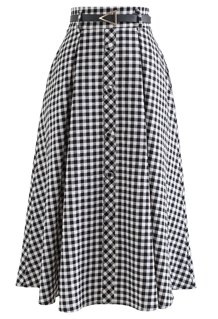 Belted Button Trim Flare Midi Skirt in Gingham - Retro, Indie and ...
