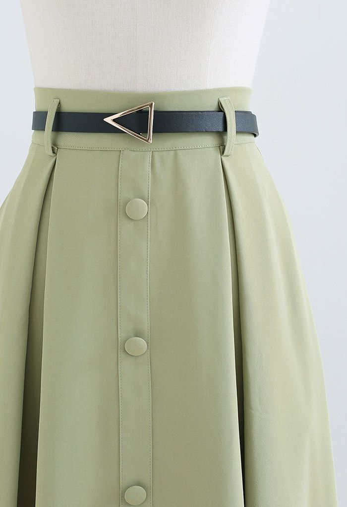 Belted Button Trim Flare Midi Skirt in Pistachio