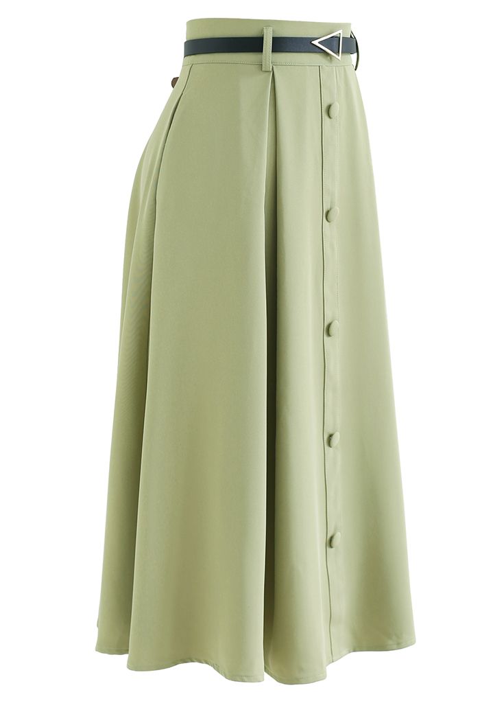 Belted Button Trim Flare Midi Skirt in Pistachio - Retro, Indie and ...