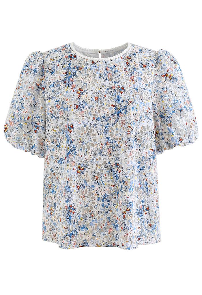 Puff Sleeve Eyelet Floral Smock Top in Blue