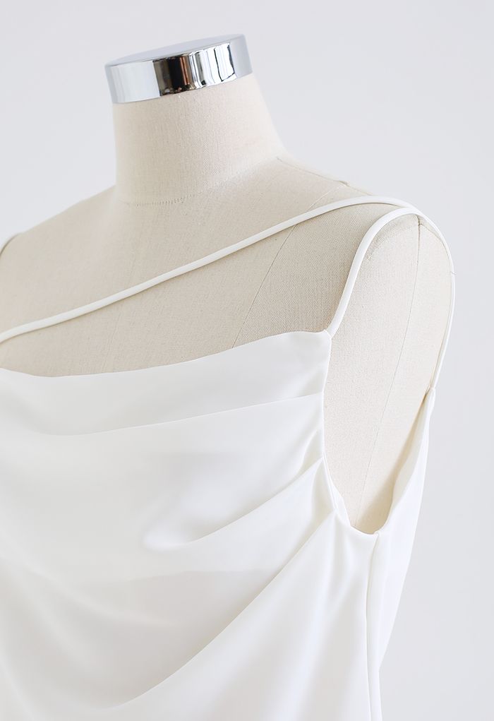 Ruched Front Triple Strings Satin Tank Top in White
