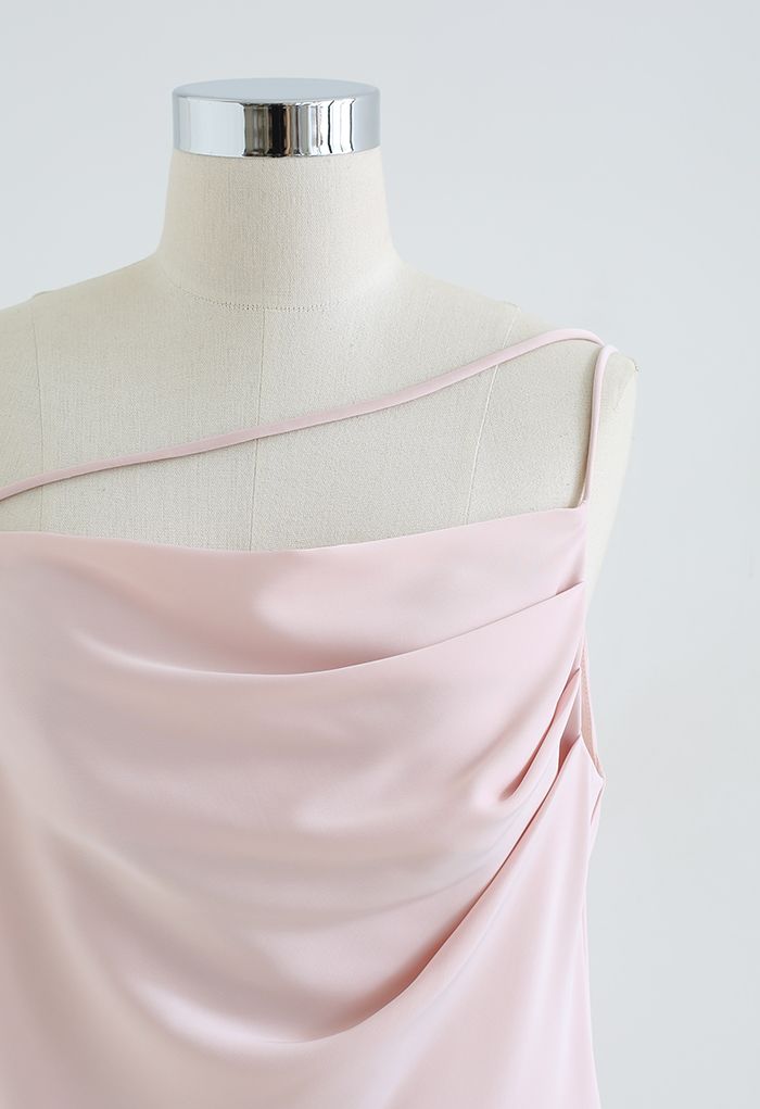 Ruched Front Triple Strings Satin Tank Top in Light Pink