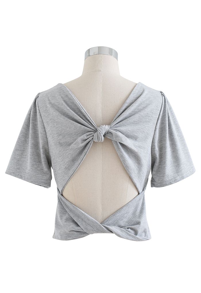 Knotted Cutout Back Crop Top in Grey