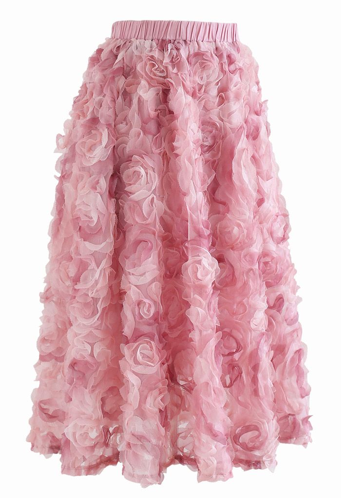 3D Pinky Rose Mesh Tulle Skirt