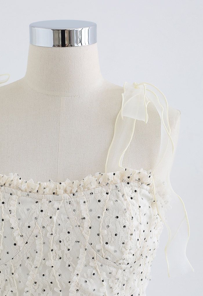 Lacy Dots Tie-Strap Crop Top in Cream