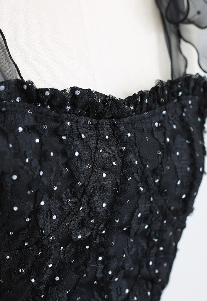 Lacy Dots Tie-Strap Crop Top in Black