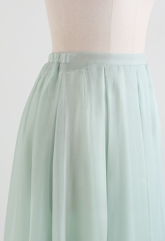 Shimmery Organza Pleated Midi Skirt in Mint