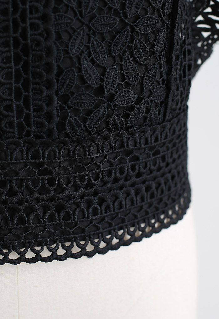 Falling Leaf Crochet Sleeveless Top in Black
