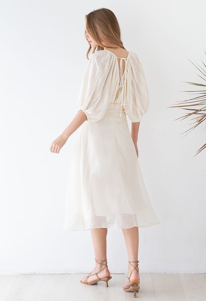 Embroidered Eyelet Tie-Back Smock Top in Cream