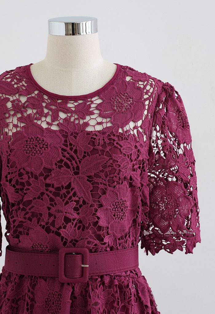 Princess Chic Floral Crochet Belted Dress in Burgundy
