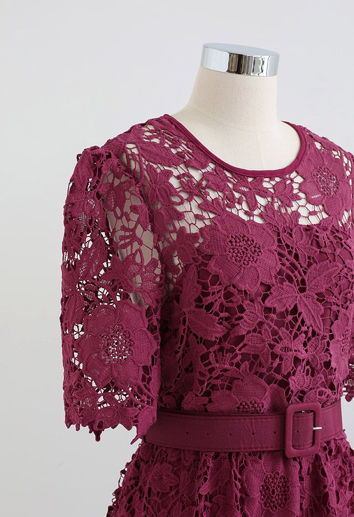 Princess Chic Floral Crochet Belted Dress in Burgundy