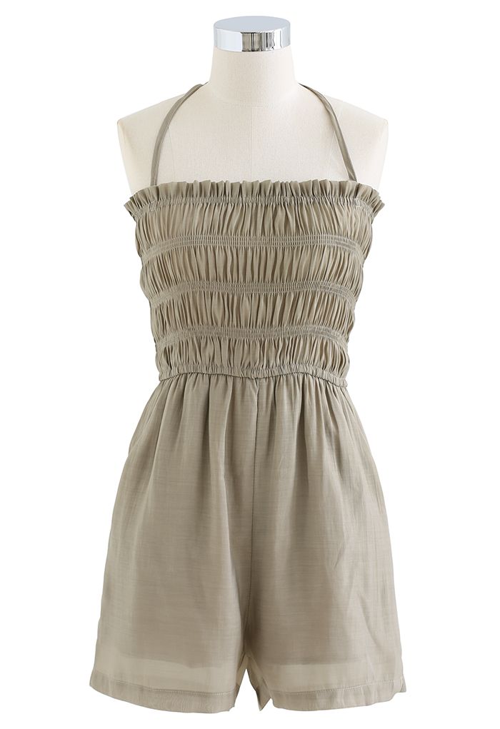 Shirring Tie Neck Playsuit and Shirt Set in Khaki