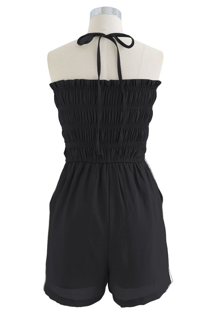 Shirring Tie Neck Playsuit and Shirt Set in Black