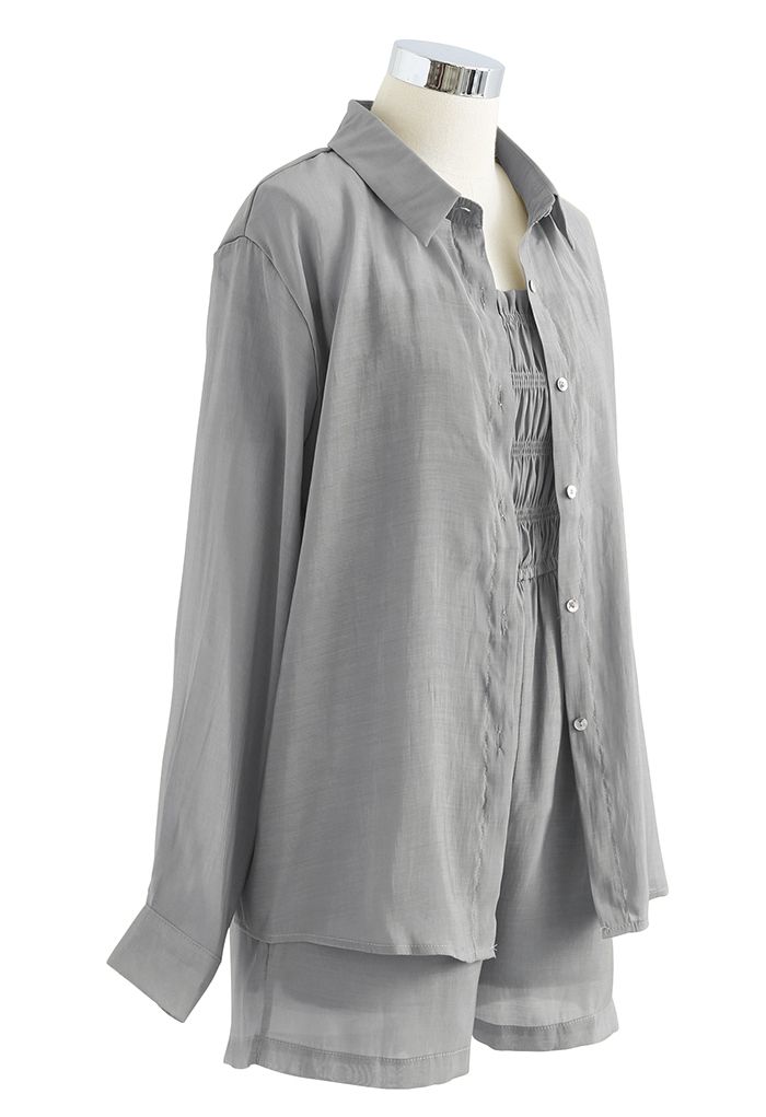 Shirring Tie Neck Playsuit and Shirt Set in Grey