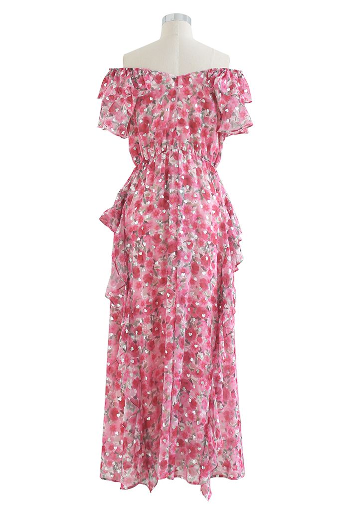 Silver Heart Off-Shoulder Ruffle Floral Maxi Dress in Pink
