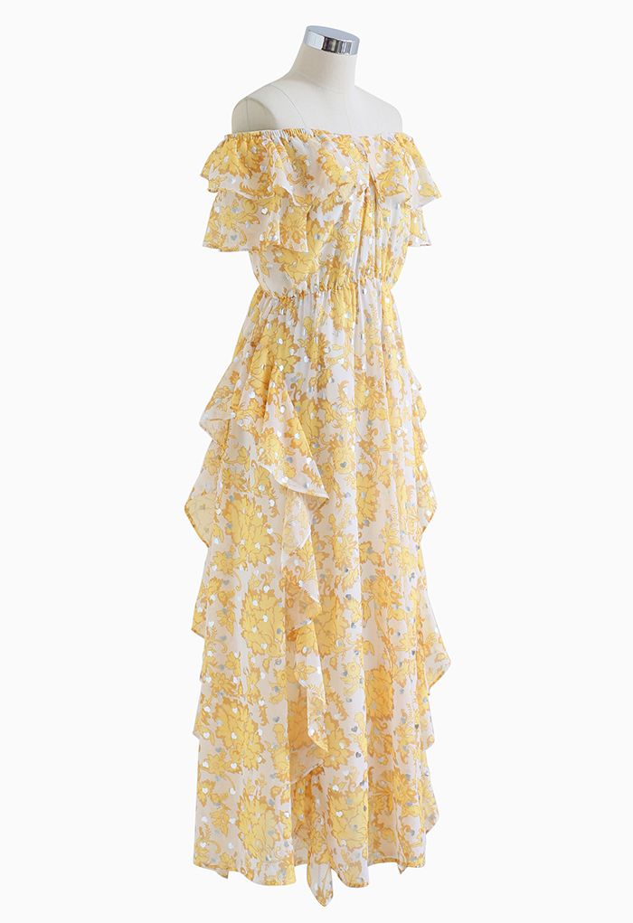 Silver Heart Off-Shoulder Ruffle Floral Maxi Dress in Yellow