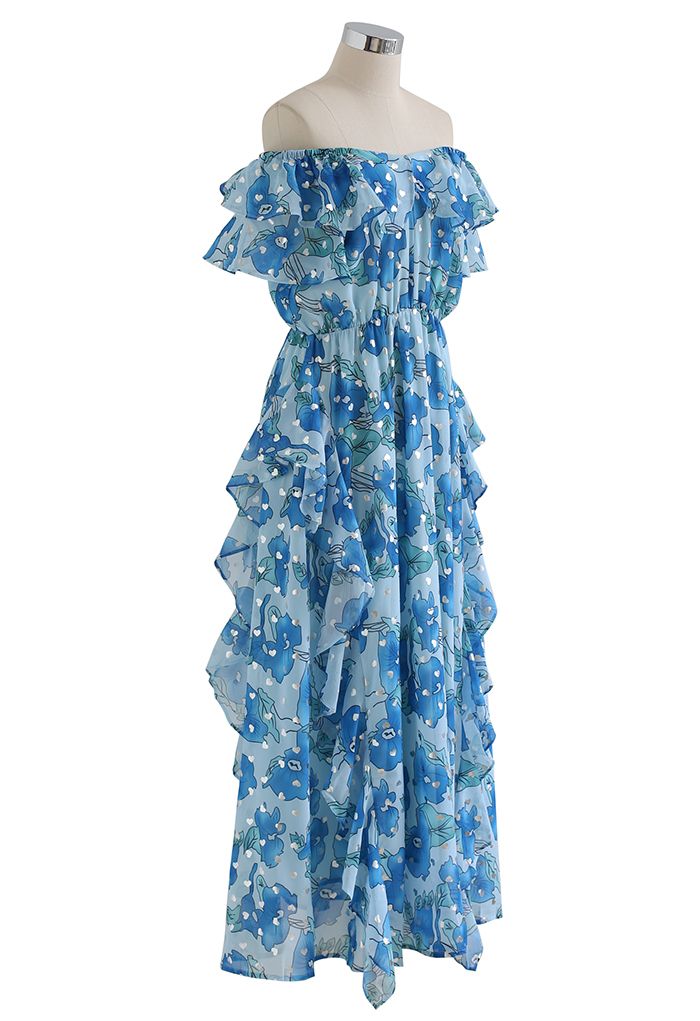 Silver Heart Off-Shoulder Ruffle Floral Maxi Dress in Blue