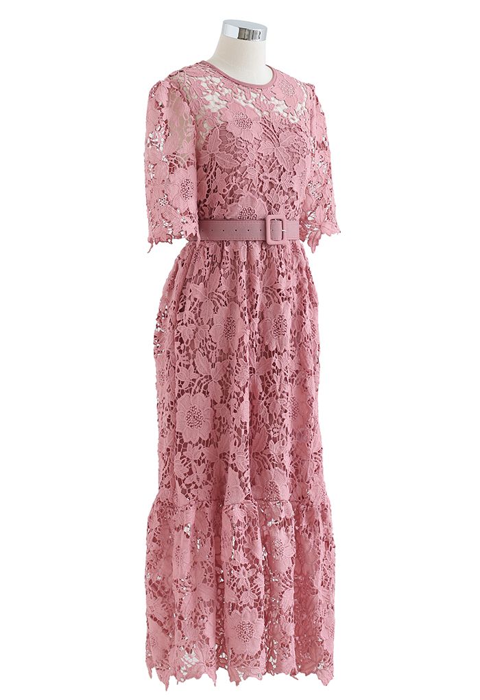 Princess Chic Floral Crochet Belted Dress in Pink