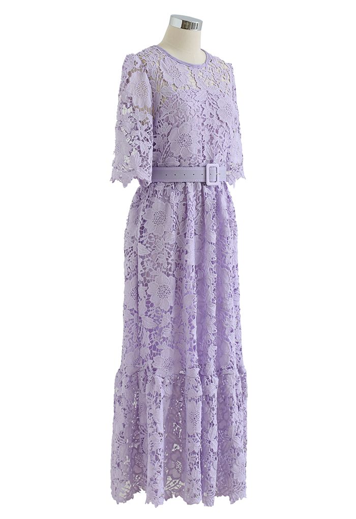 Princess Chic Floral Crochet Belted Dress in Lilac