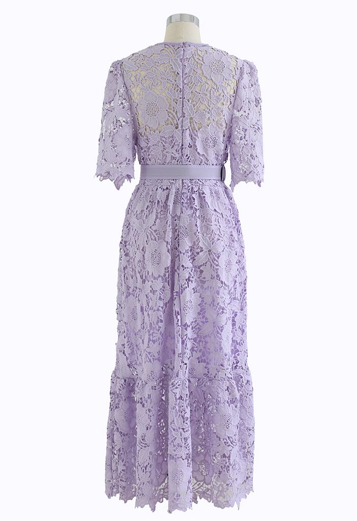 Princess Chic Floral Crochet Belted Dress in Lilac