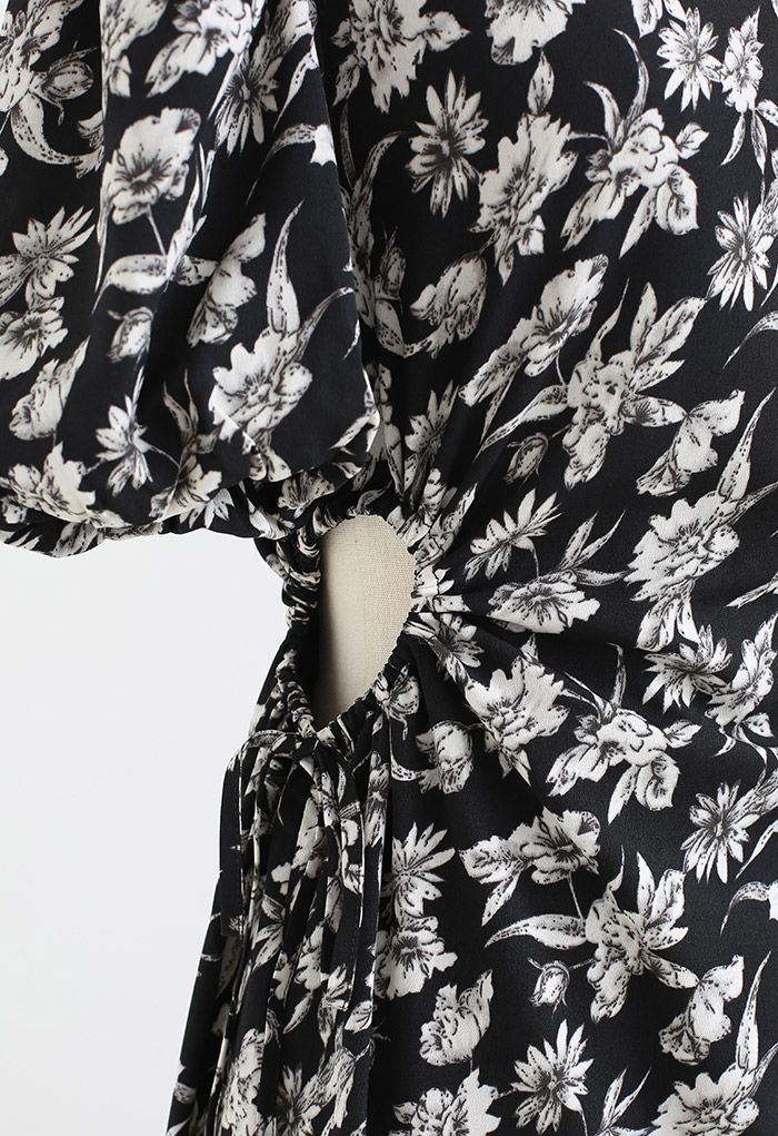 Drawstring Cutout Waist Floral Midi Dress in Black