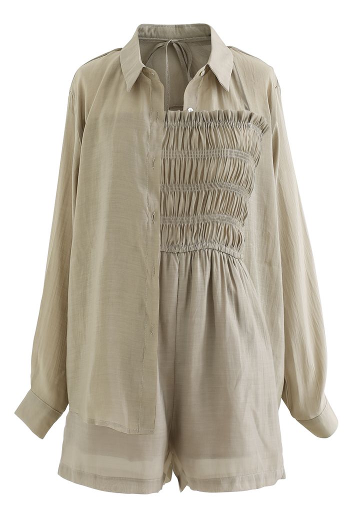 Shirring Tie Neck Playsuit and Shirt Set in Khaki