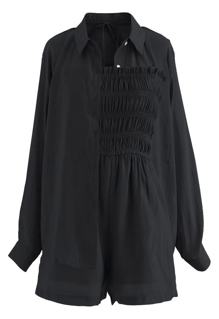 Shirring Tie Neck Playsuit and Shirt Set in Black
