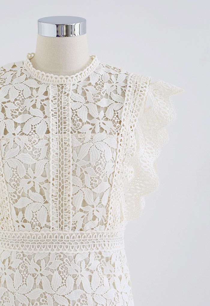 Lush Leaves Full Crochet Sleeveless Dress in Cream