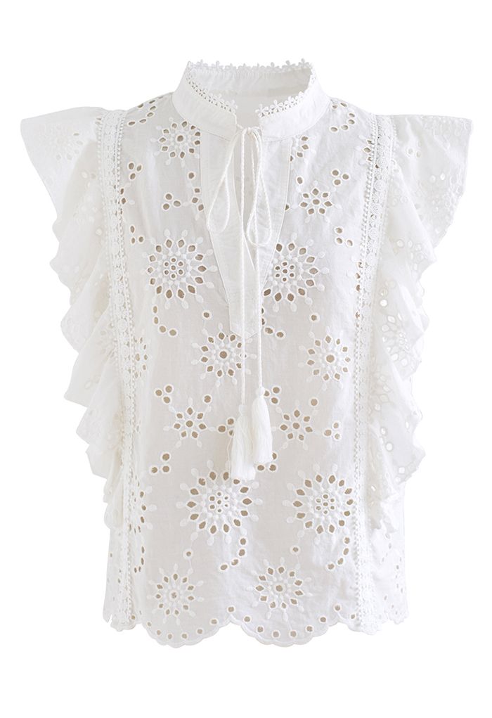 Ruffle Sleeveless Embroidered Eyelet Top in White - Retro, Indie and ...